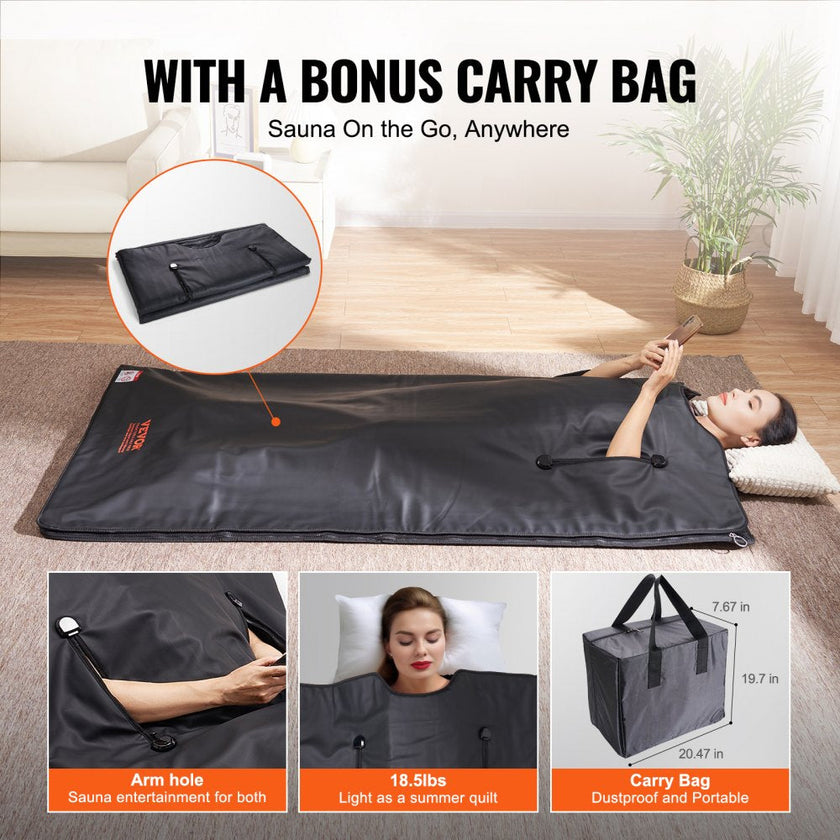 VEVOR Sauna Blanket for Detoxification, Portable Far Infrared Sauna for Home with Arm Holes for Comfort, 1-6 Level Adjustable Temprature Rannge 95-185?, 1-60 Minutes Timer, Carbon Fiber Heating