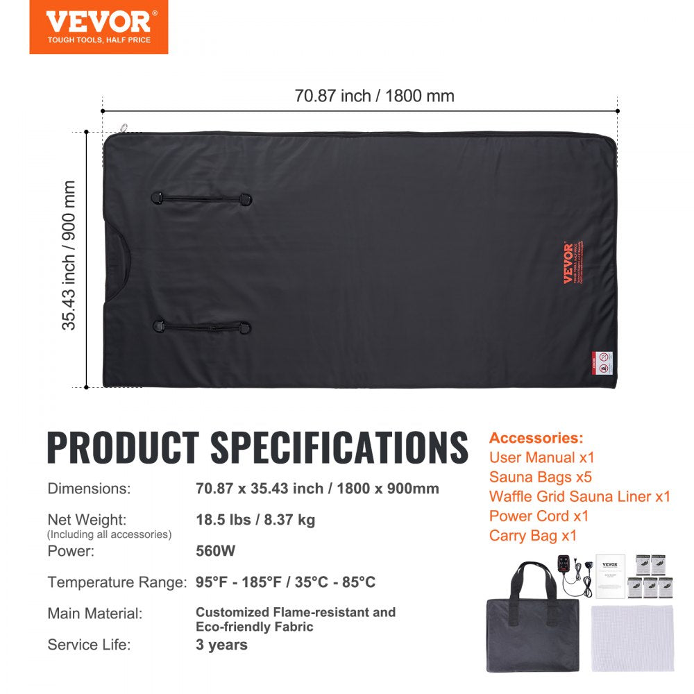 VEVOR Sauna Blanket for Detoxification, Portable Far Infrared Sauna for Home with Arm Holes for Comfort, 1-6 Level Adjustable Temprature Rannge 95-185?, 1-60 Minutes Timer, Carbon Fiber Heating
