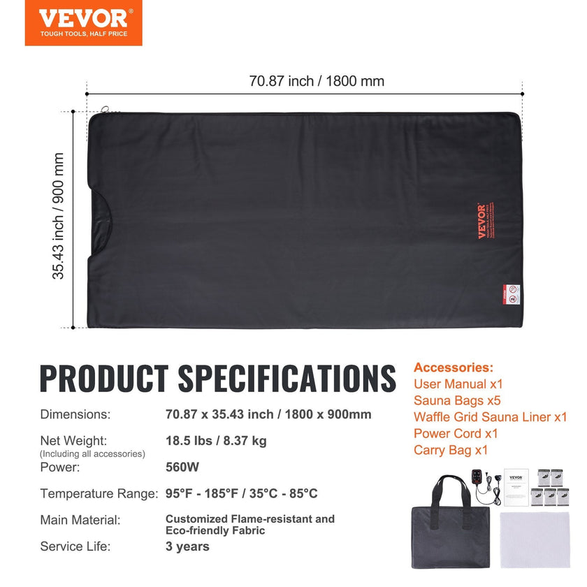 VEVOR Sauna Blanket for Detoxification, Portable Far Infrared Sauna for Home Relaxation, 1-6 Level Adjustable Temprature Rannge 95-185?, 1-60 Minutes Timer, Far Infrared Carbon Heating Sauna Bag