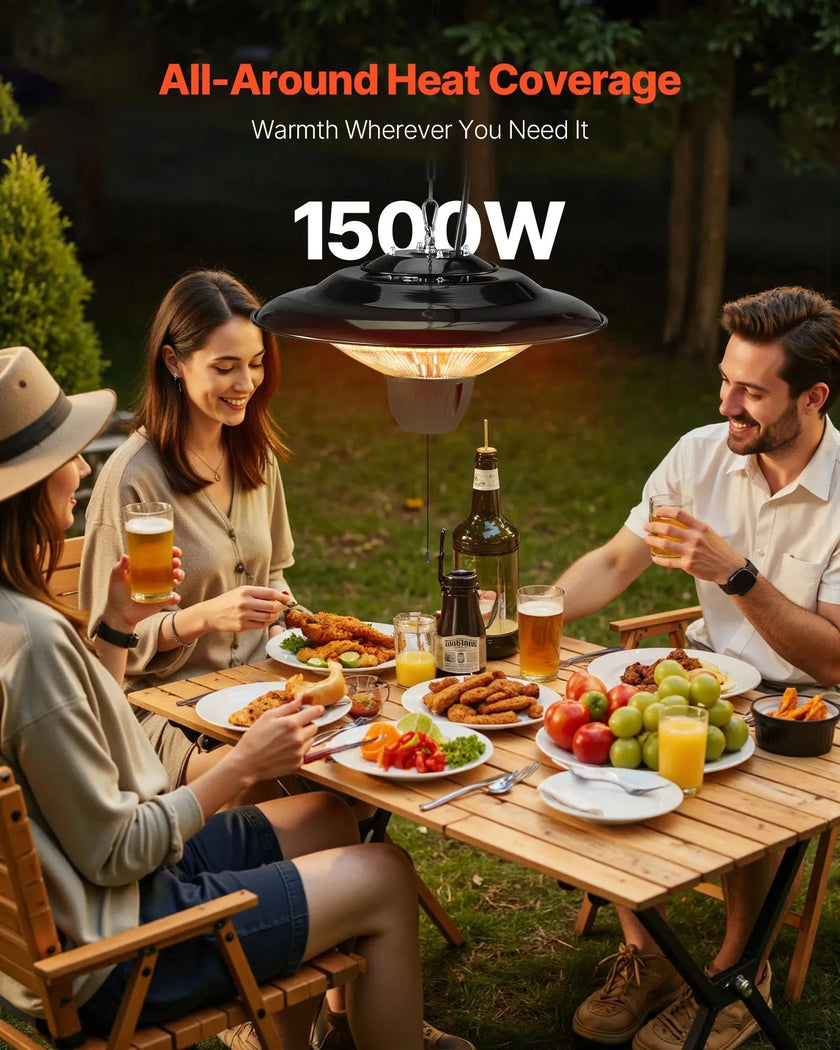 VEVOR Hanging Patio Heater, 1500W Electric Space Infrared Heater, IP34 Protection with 23.6 inch Pull Cord & Adjustable Chain, for Porch,Patio,Dining Room,Studio Outdoor/Indoor