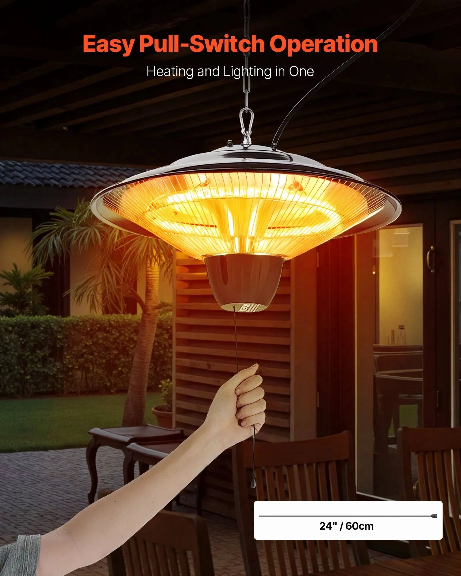 VEVOR Hanging Patio Heater, 1500W Electric Space Infrared Heater, IP34 Protection with 23.6 inch Pull Cord & Adjustable Chain, for Porch,Patio,Dining Room,Studio Outdoor/Indoor