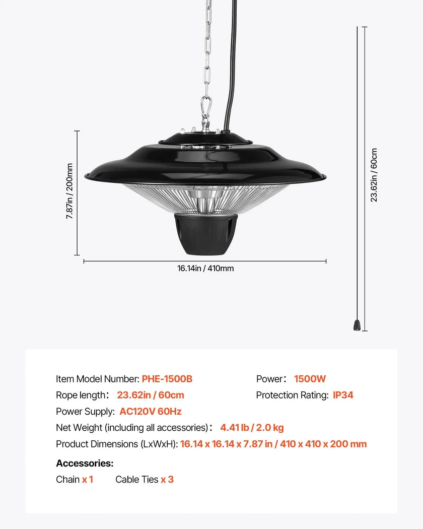 VEVOR Hanging Patio Heater, 1500W Electric Space Infrared Heater, IP34 Protection with 23.6 inch Pull Cord & Adjustable Chain, for Porch,Patio,Dining Room,Studio Outdoor/Indoor