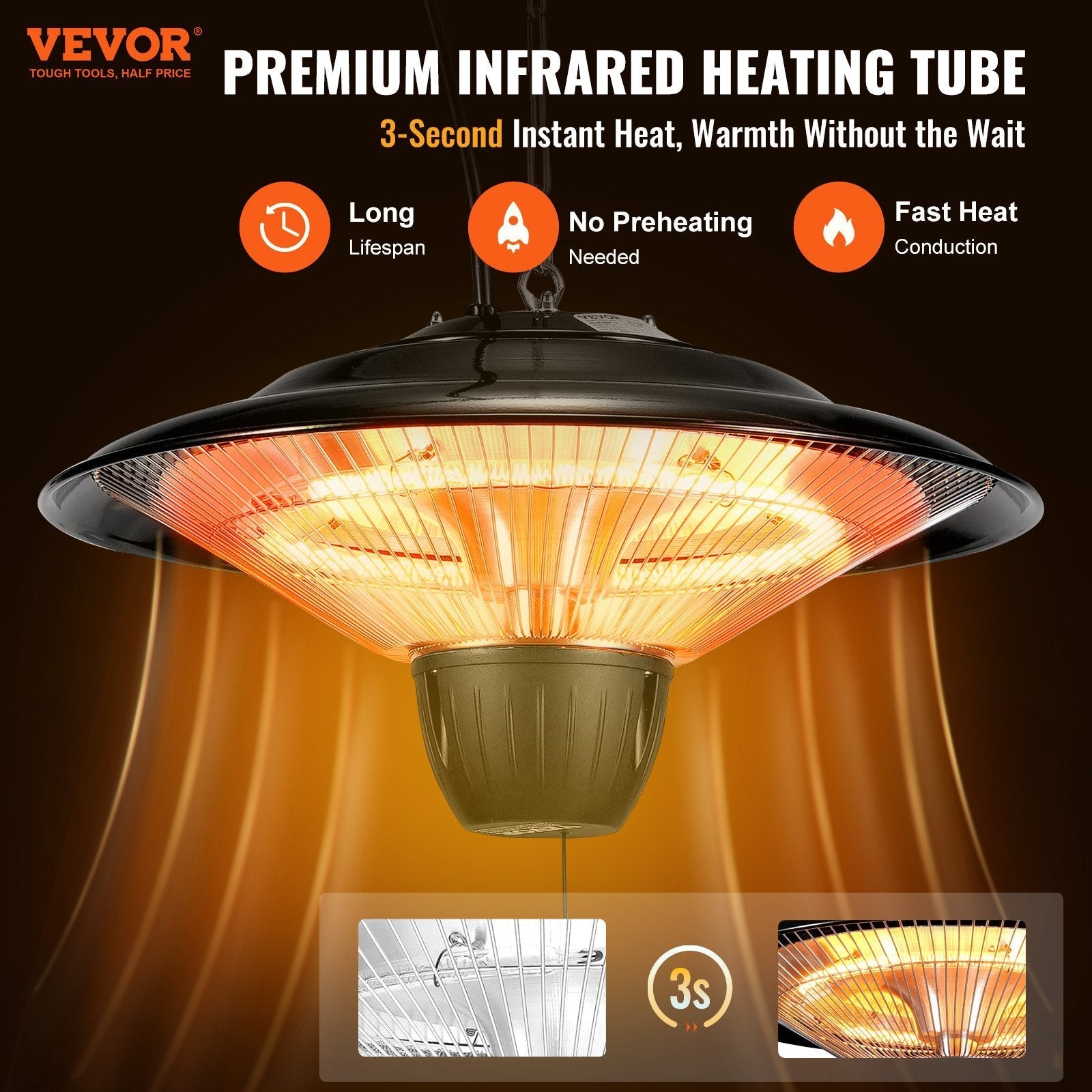 VEVOR Hanging Patio Heater, 1500W Outdoor/Indoor Electric Space Infrared Heater, IP34 Protection Ceiling Heater with 23.6 inch Pull Cord & 20 inch Adjustable Chain, for Porch,Patio,Dining Room,Studio