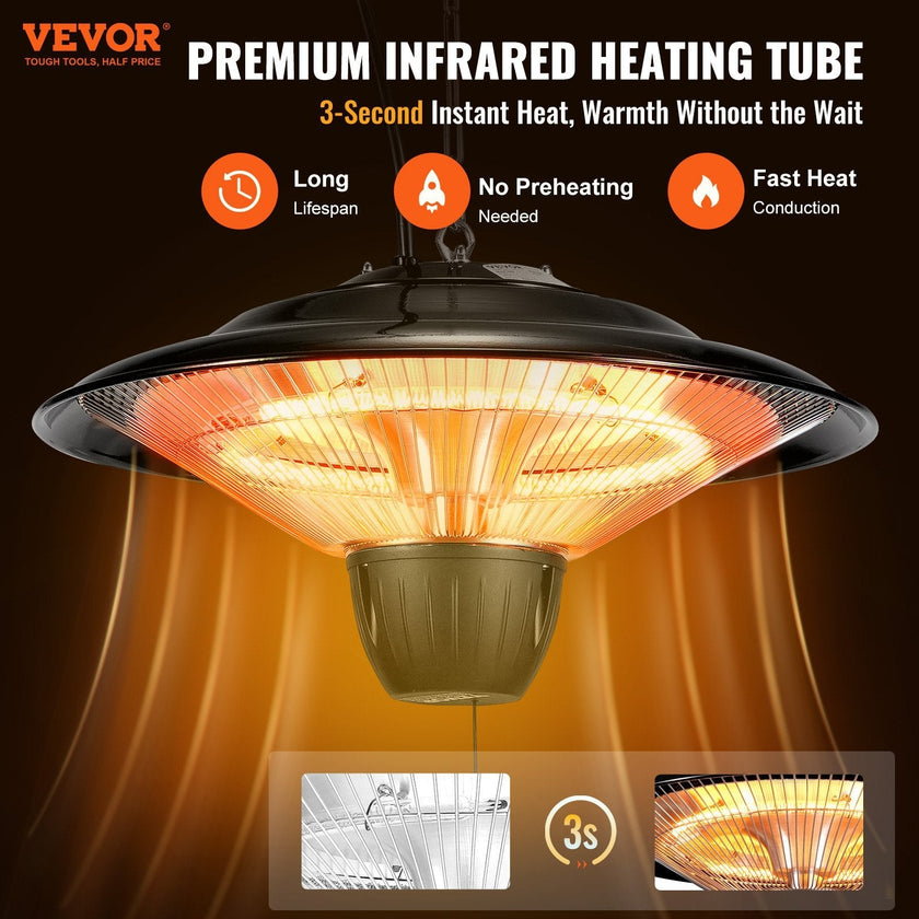 VEVOR Hanging Patio Heater, 1500W Outdoor/Indoor Electric Space Infrared Heater, IP34 Protection Ceiling Heater with 23.6 inch Pull Cord & 20 inch Adjustable Chain, for Porch,Patio,Dining Room,Studio
