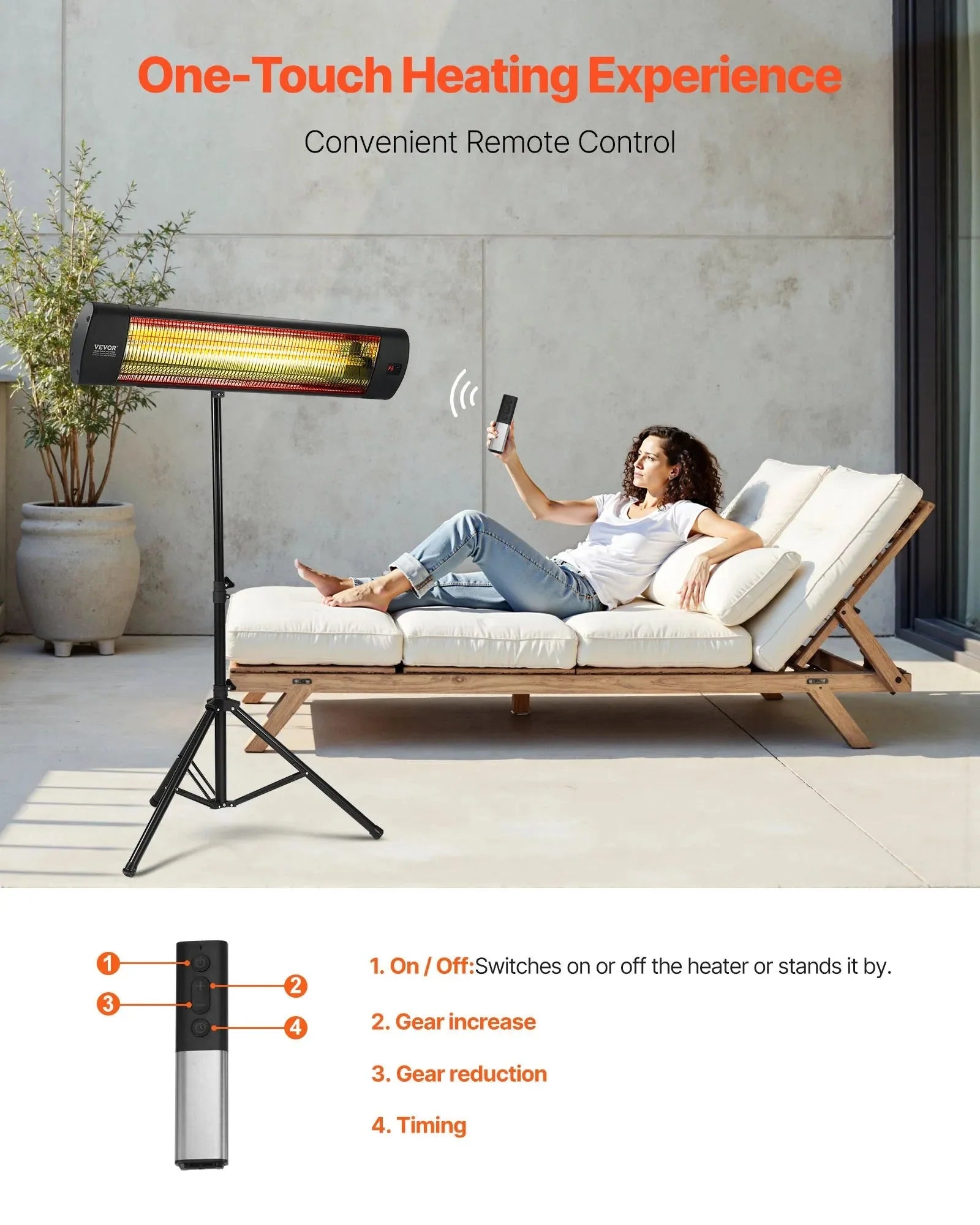 VEVOR Infrared Heater, 1500W Electric Space Heater with Remote Control, LED Screen w/ 3 Speeds & Timer, Outdoor/Outdoor for Patio,Porch,Dining Room,Studio