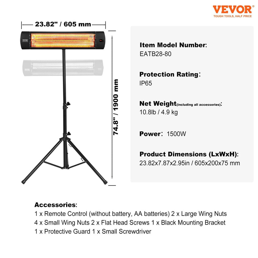 VEVOR Infrared Heater 1500W Electric Space Heater Remote Control 3 Speeds 24in