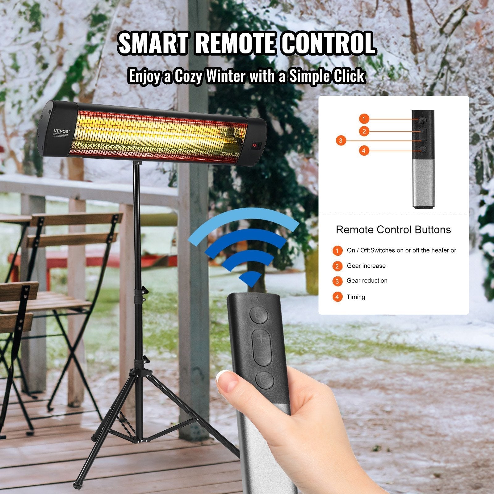 VEVOR Infrared Heater 1500W Electric Space Heater Remote Control 3 Speeds 34in
