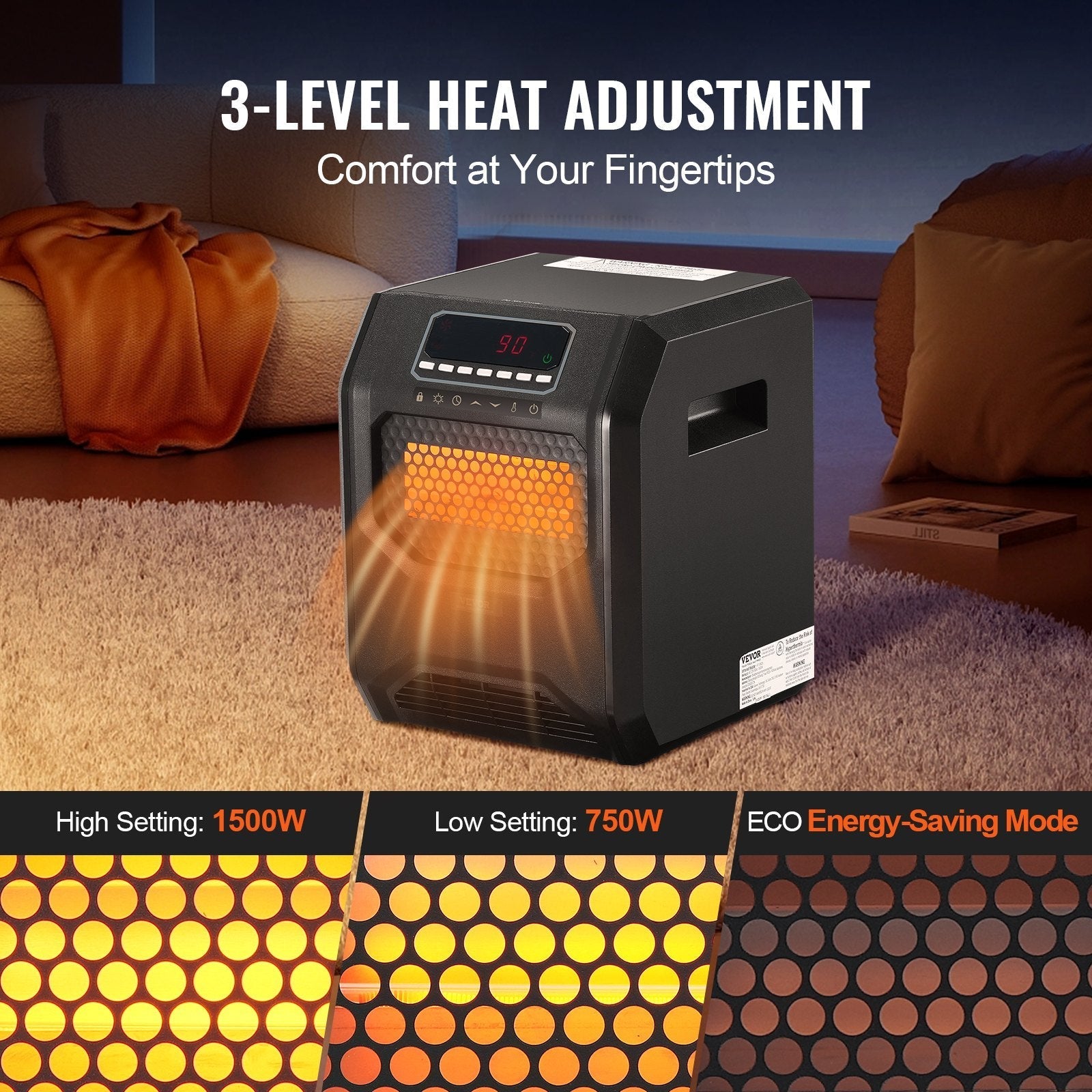 VEVOR Infrared Heater 1500W Electric Space Heater Remote Control 3 Speeds ABS