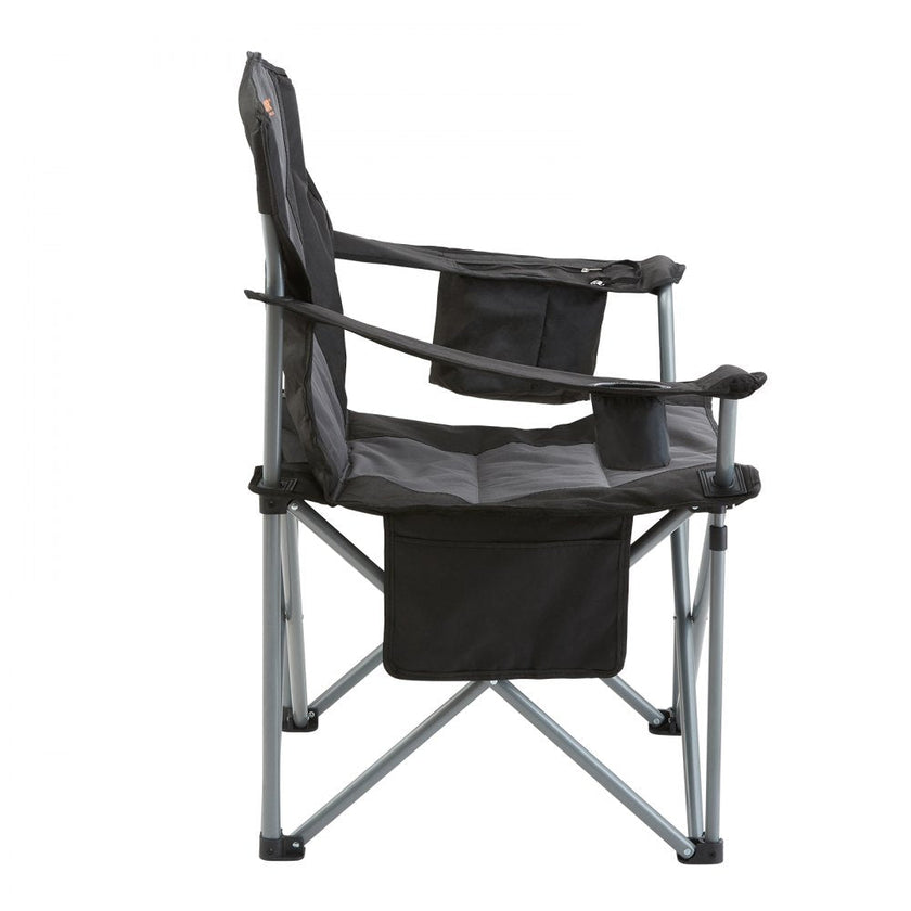 VEVOR Camping Folding Chair for Adults, Portable Heavy Duty Outdoor Quad Lumbar Back Padded Arm Chairs with Side Pockets, Cup Holder and Cooler Bag for Beach, Lawn, Picnic, Fishing, Backpacking, Black