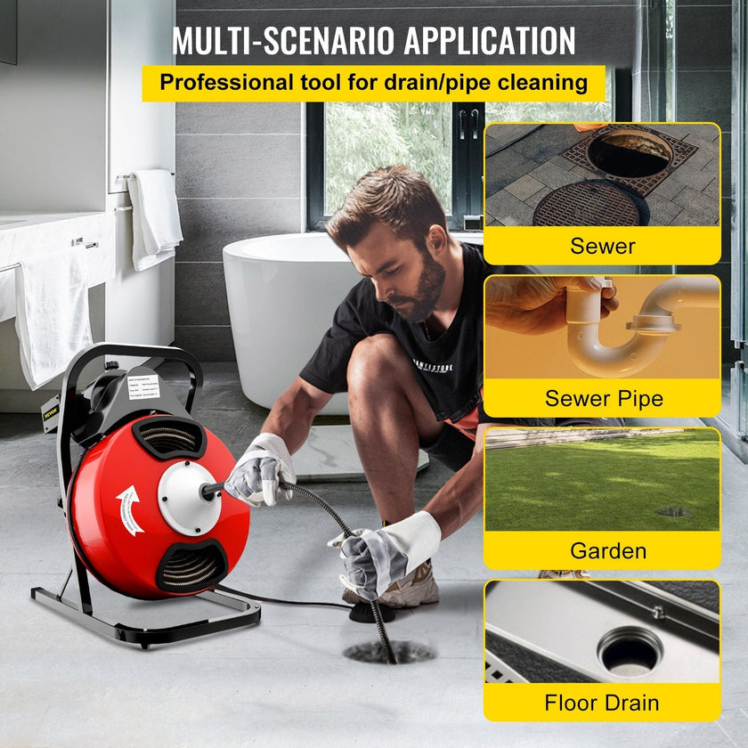 VEVOR 50FTx1/2Inch Drain Cleaner Machine Electric Drain Auger with 4 Cutter & Foot Switch Drain Cleaner Machine Sewer Snake Drill Drain Auger Cleaner for 2