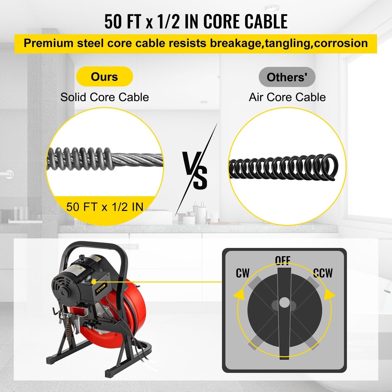 VEVOR 50FTx1/2Inch Drain Cleaner Machine Electric Drain Auger with 4 Cutter & Foot Switch Drain Cleaner Machine Sewer Snake Drill Drain Auger Cleaner for 2