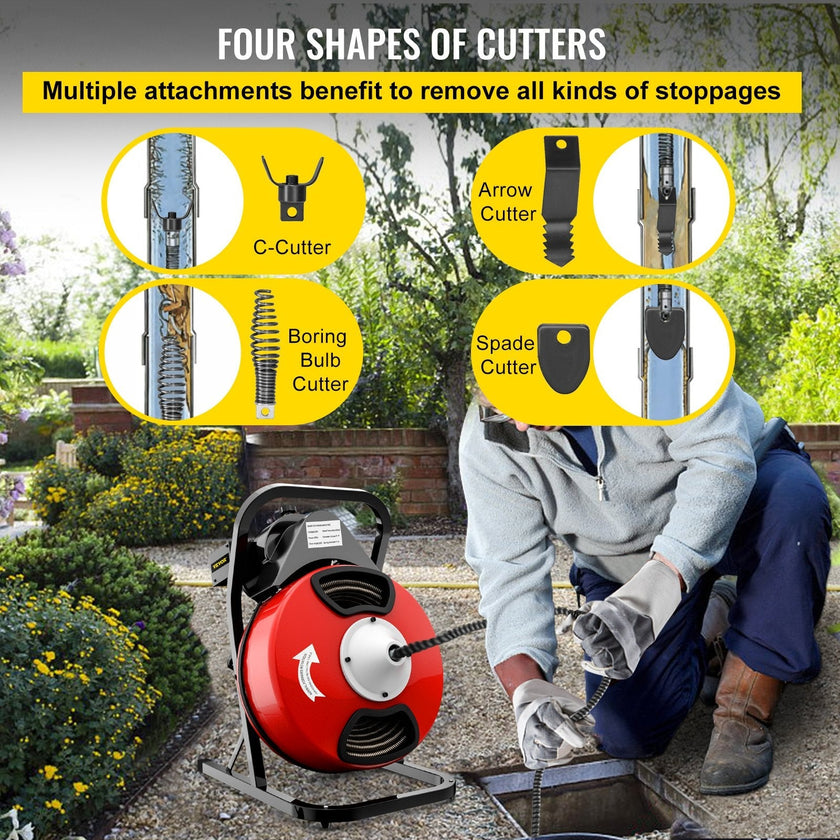VEVOR 50FTx1/2Inch Drain Cleaner Machine Electric Drain Auger with 4 Cutter & Foot Switch Drain Cleaner Machine Sewer Snake Drill Drain Auger Cleaner for 2