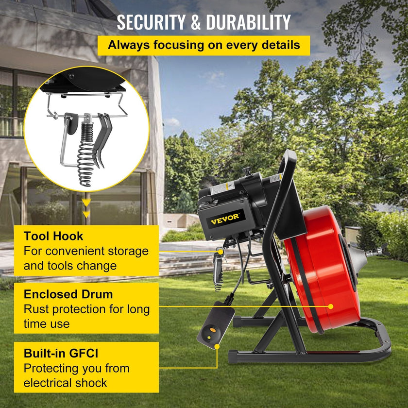 VEVOR 50FTx1/2Inch Drain Cleaner Machine Electric Drain Auger with 4 Cutter & Foot Switch Drain Cleaner Machine Sewer Snake Drill Drain Auger Cleaner for 2