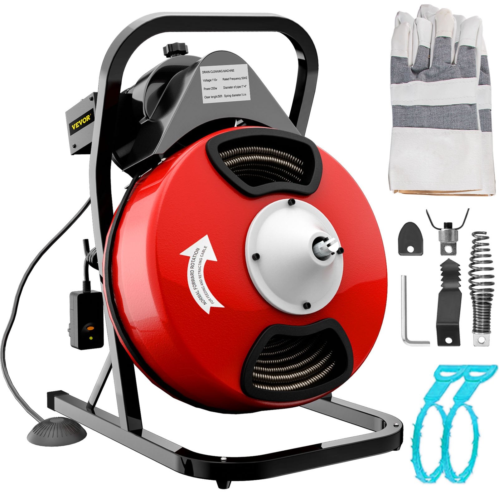 VEVOR 50FTx1/2Inch Drain Cleaner Machine Electric Drain Auger with 4 Cutter & Foot Switch Drain Cleaner Machine Sewer Snake Drill Drain Auger Cleaner for 2