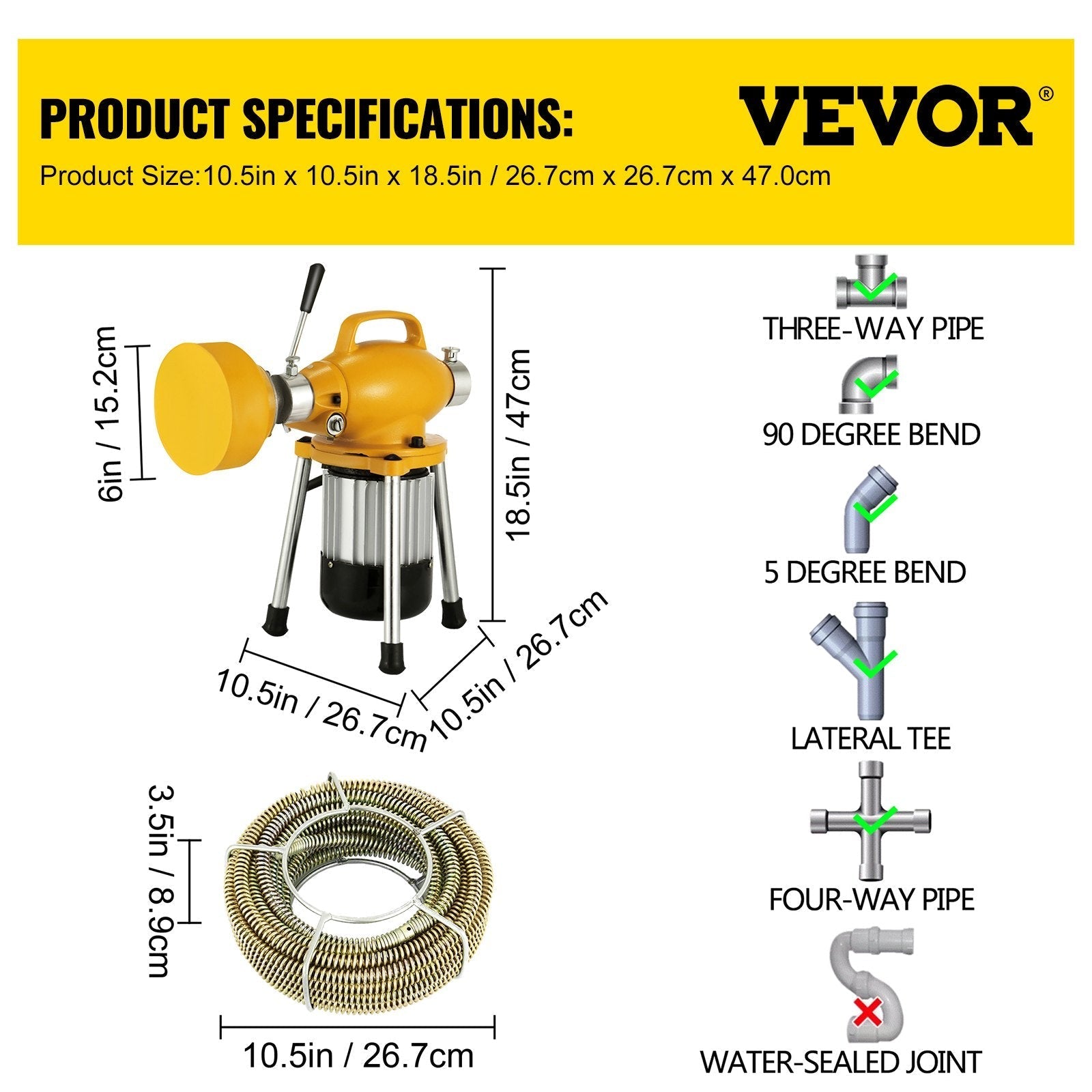 VEVOR Drain Cleaner Machine, 66Ft x2/3Inch Electric Drain Auger with 2 Cables for 3/4\