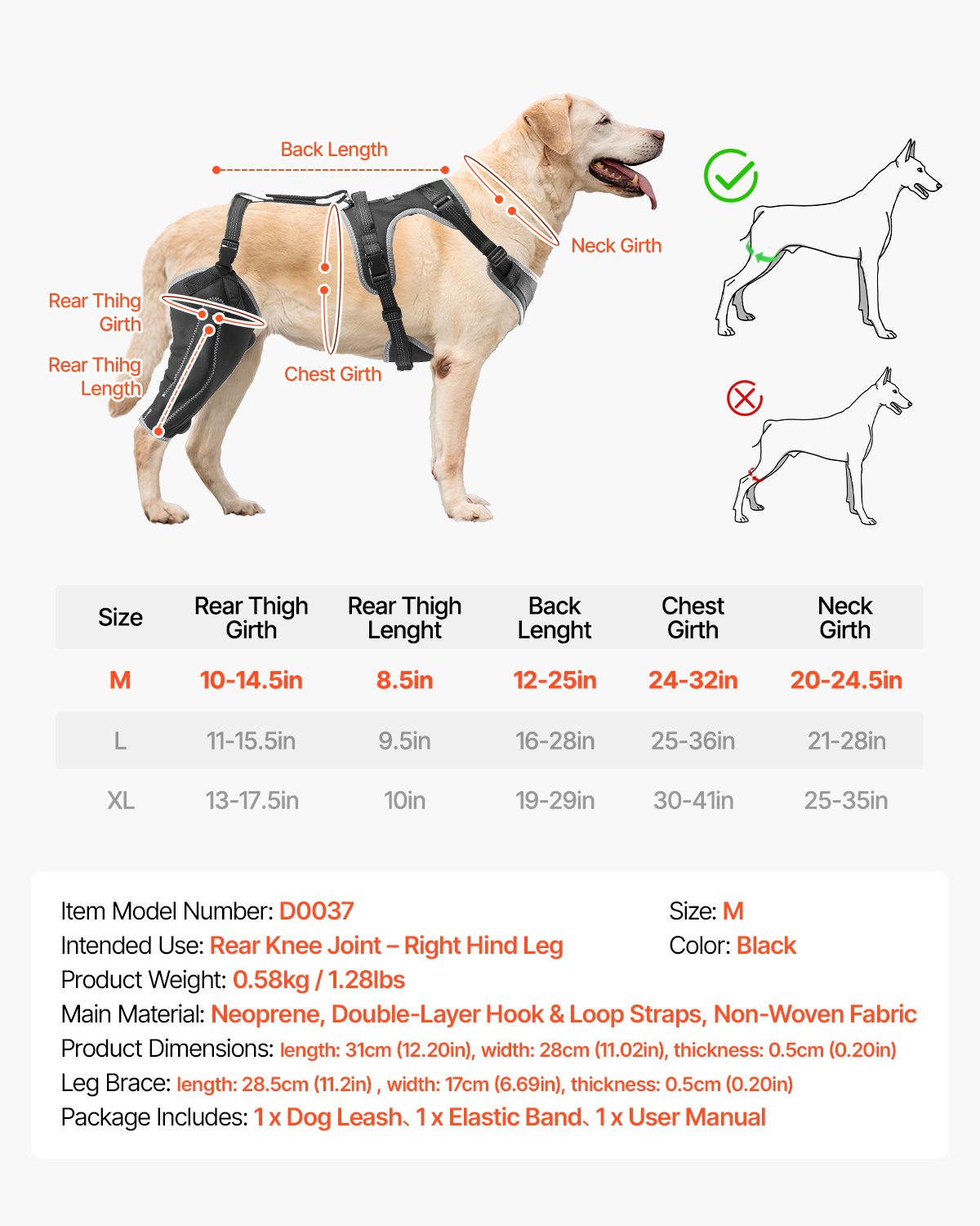 VEVOR Dog Knee Brace for Right Hind Leg Adjustable ACL Dog Leg Brace Pain Relief