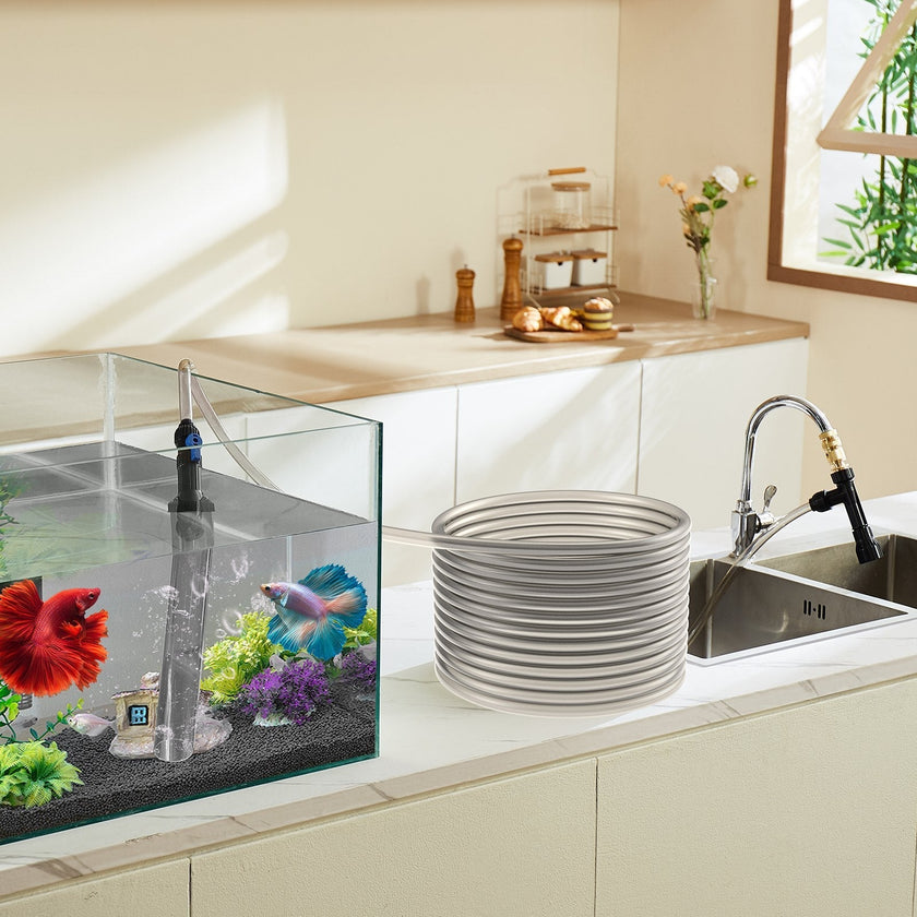 VEVOR Aquarium Vacuum Gravel Cleaner, 25 ft PVC Hose Fish Tank Vacuum Gravel Cleaner, Siphon Fish Tank Cleaner Vacuum, 3 Types of Brass Adapters, for Fish Tank Cleaning Gravel & Sand