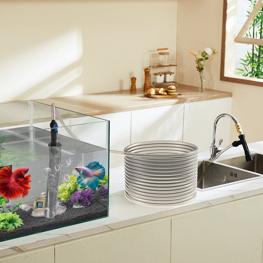 VEVOR Aquarium Vacuum Gravel Cleaner, 30ft PVC Hose Fish Tank Vacuum Gravel Cleaner, Siphon Fish Tank Cleaner Vacuum, 3 Types of Brass Adapters, for Fish Tank Cleaning Gravel & Sand