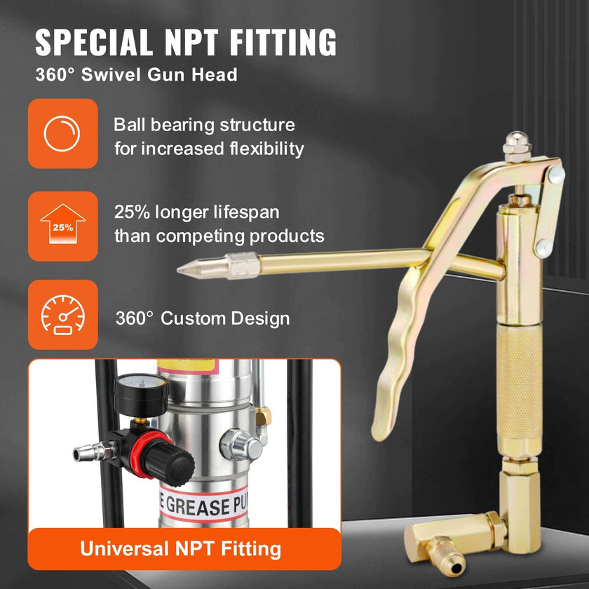 VEVOR Grease Pump, 3 Gallon 12L, Air Operated Grease Pump with 13 ft High Pressure Hose and Grease Gun, Pneumatic Grease Bucket Pump with Wheels, Portable Lubrication Grease Pump 50:1 Pressure Ratio