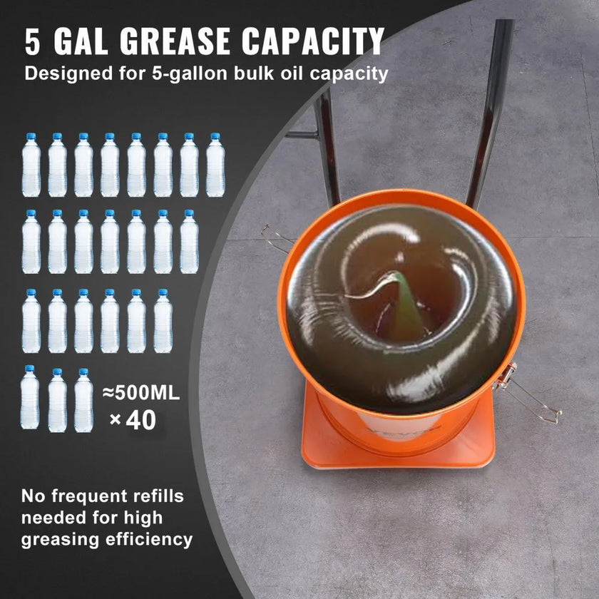 VEVOR Grease Pump, 5 Gallon 20L, Air Operated Grease Pump with 13 ft High Pressure Hose and Grease Gun, Pneumatic Grease Bucket Pump with Wheels, Portable Lubrication Grease Pump 50:1 Pressure Ratio