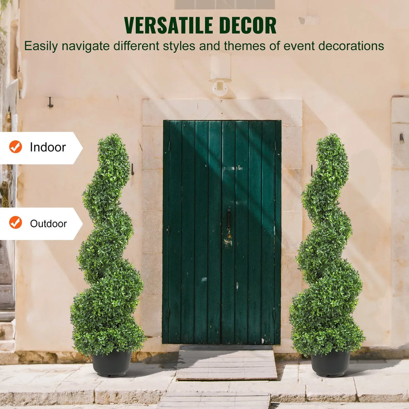 VEVOR Artificial Topiaries Boxwood Trees, 3ft Tall (2 Pieces) Faux Topiary Plant Outdoor, All-year Green Feaux Plant w/ Replaceable Leaves for Decorative Indoor/Outdoor/Garden
