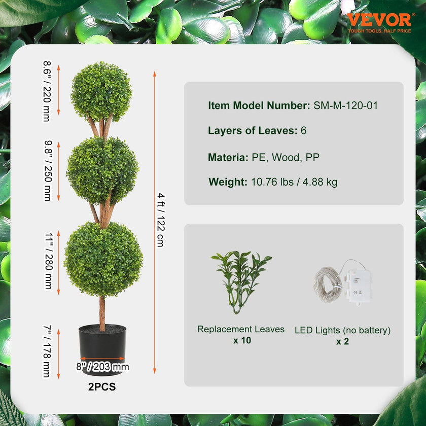VEVOR Artificial Topiaries Boxwood Trees, 48 inch Tall (2 Pieces), 3 Ball-Shape Faux Topiaries Plant with Planters, Green Feaux Plant w/ Replaceable Leaves & Port for Decorative Indoor/Outdoor/Garden