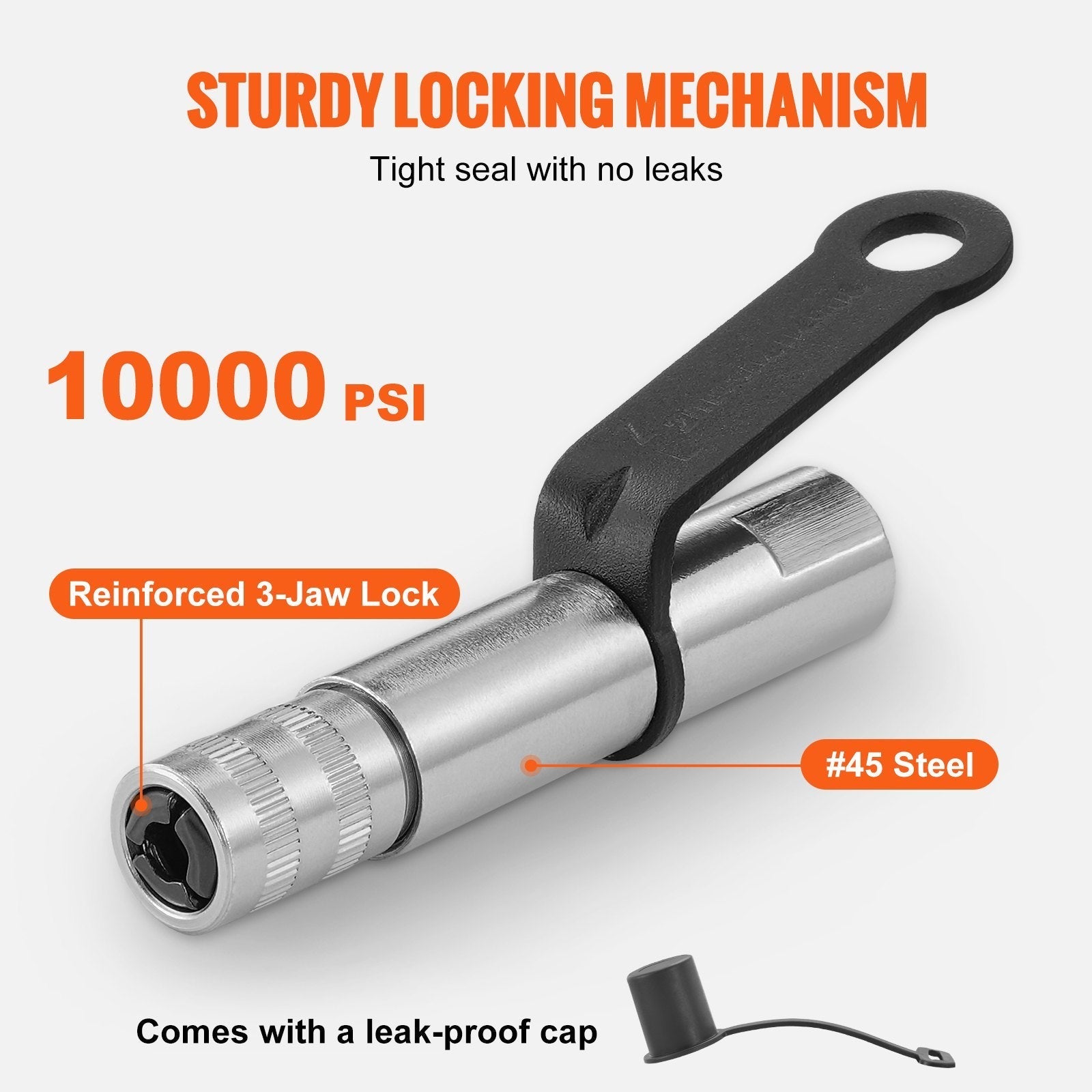 VEVOR Grease Gun Coupler, 10000 PSI High Pressure, 3-Jaw Locking, Quick Release Grease Gun Tip with Hose/Zerk Fittings Cleaner/Leak-Proof Cap, Compatible with All Grease Guns 1/8