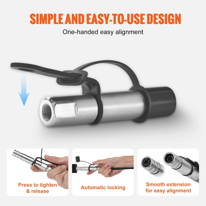 VEVOR Grease Gun Coupler, 10000 PSI High Pressure, 3-Jaw Locking, Quick Release Grease Gun Tip with Hose/Zerk Fittings Cleaner/Leak-Proof Cap, Compatible with All Grease Guns 1/8