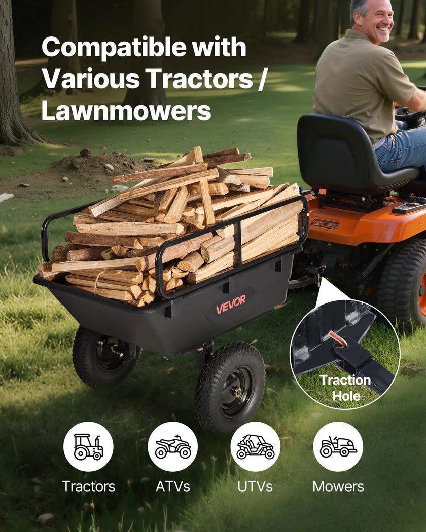 VEVOR Dump Trailer 500 lbs 10 Cu. Ft Tow Behind Plastic Garden ATV Trailer Cart