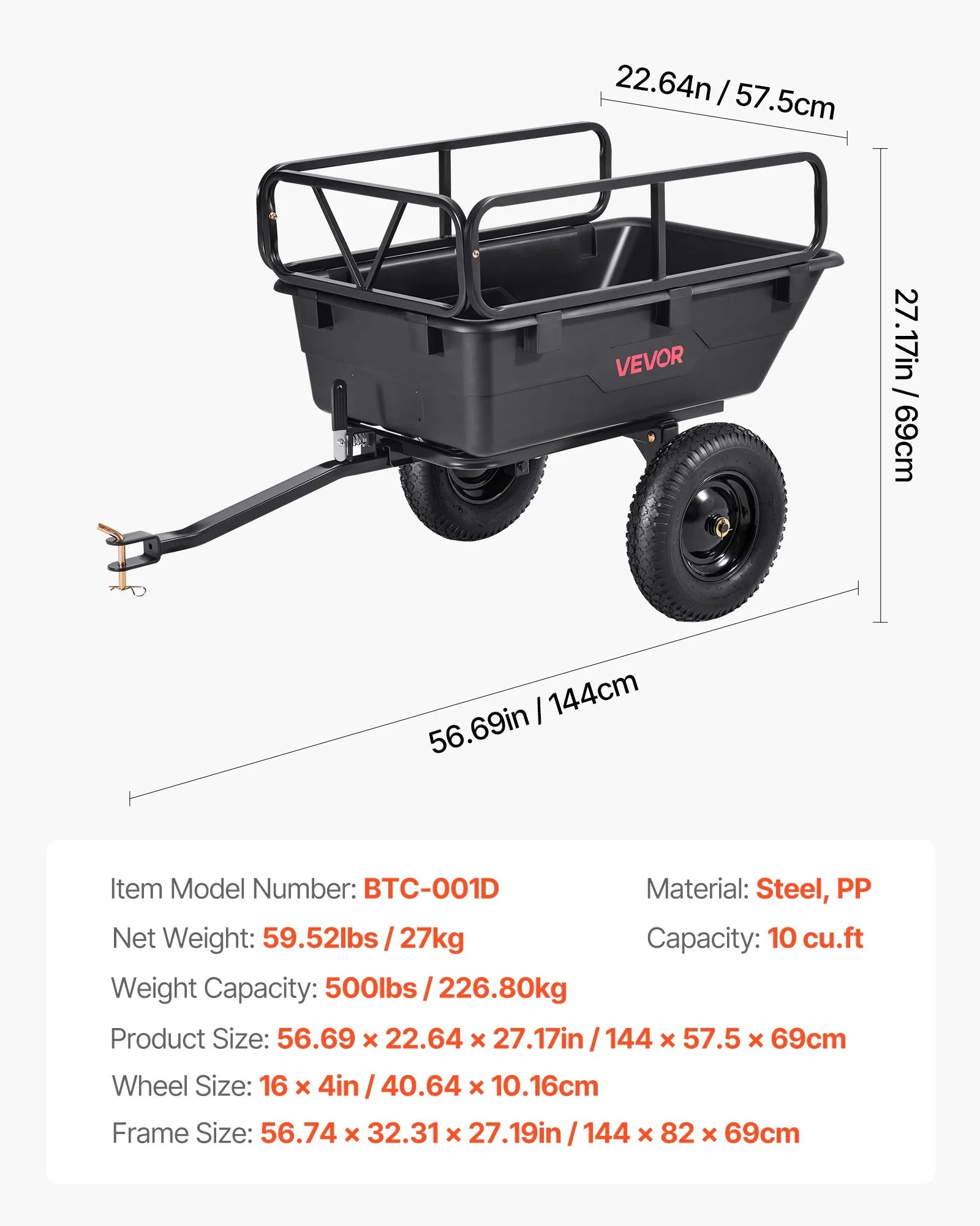 VEVOR Dump Trailer 500 lbs 10 Cu. Ft Tow Behind Plastic Garden ATV Trailer Cart