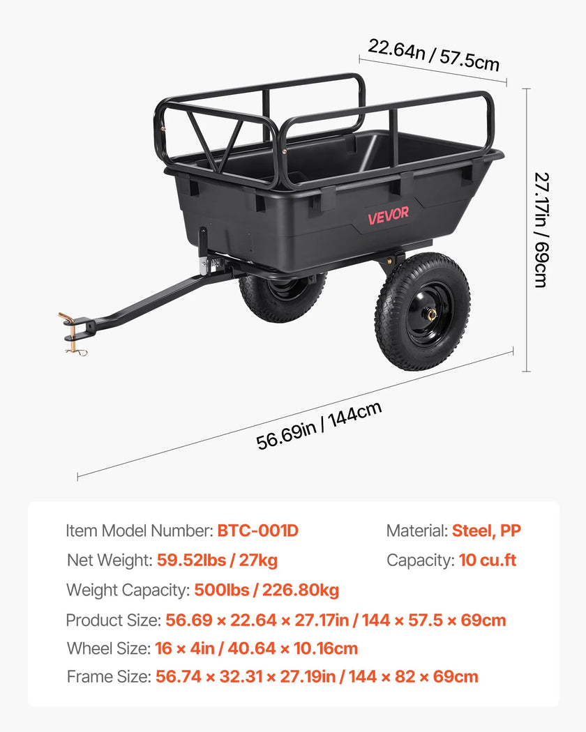 VEVOR Dump Trailer 500 lbs 10 Cu. Ft Tow Behind Plastic Garden ATV Trailer Cart