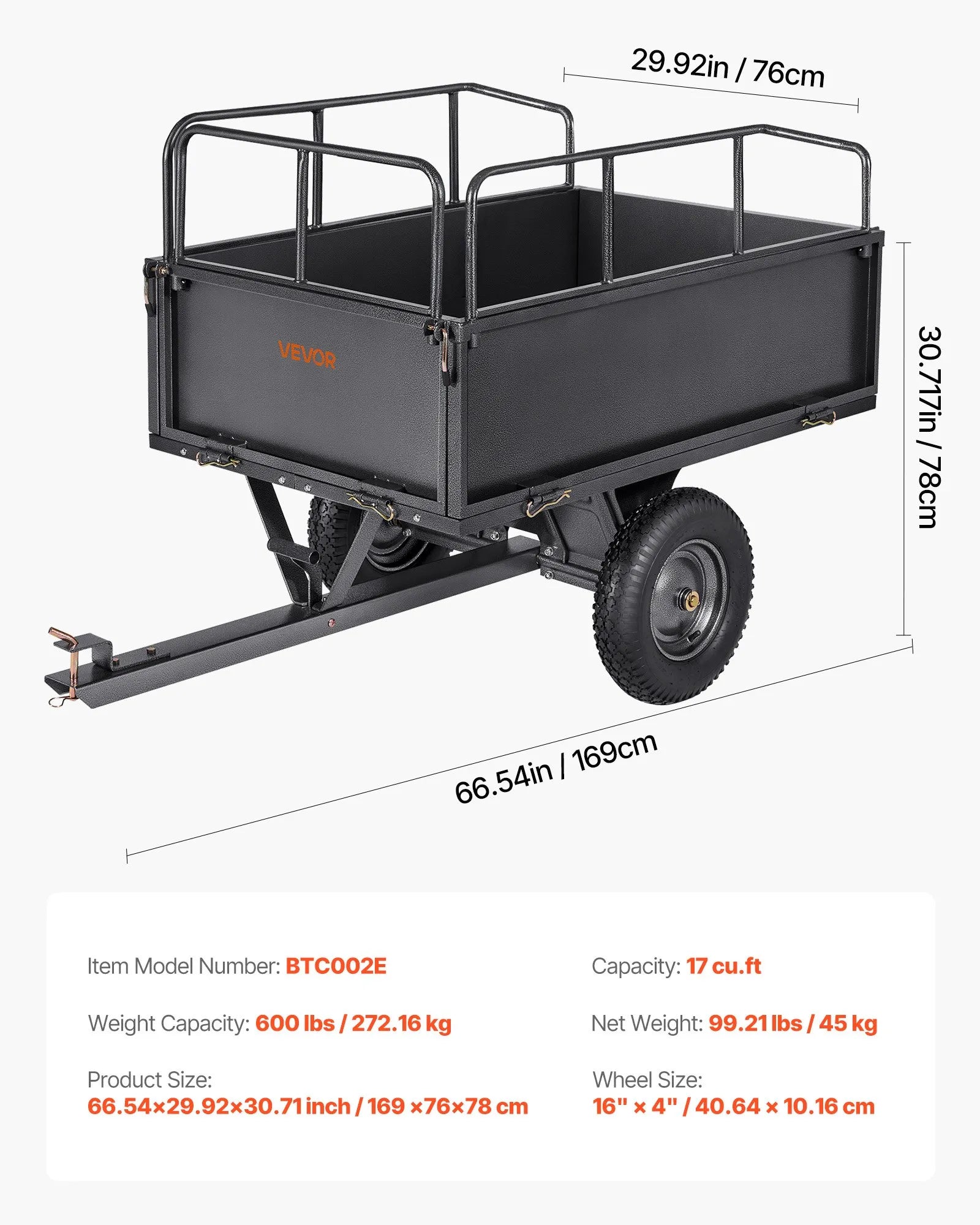 VEVOR Steel Dump Cart 17 Cu. Ft 600LB for ATV/UTV Trailer Tow Behind Heavy Duty