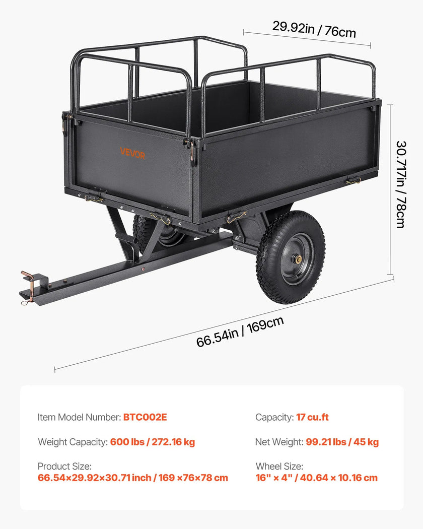 VEVOR Steel Dump Cart 17 Cu. Ft 600LB for ATV/UTV Trailer Tow Behind Heavy Duty