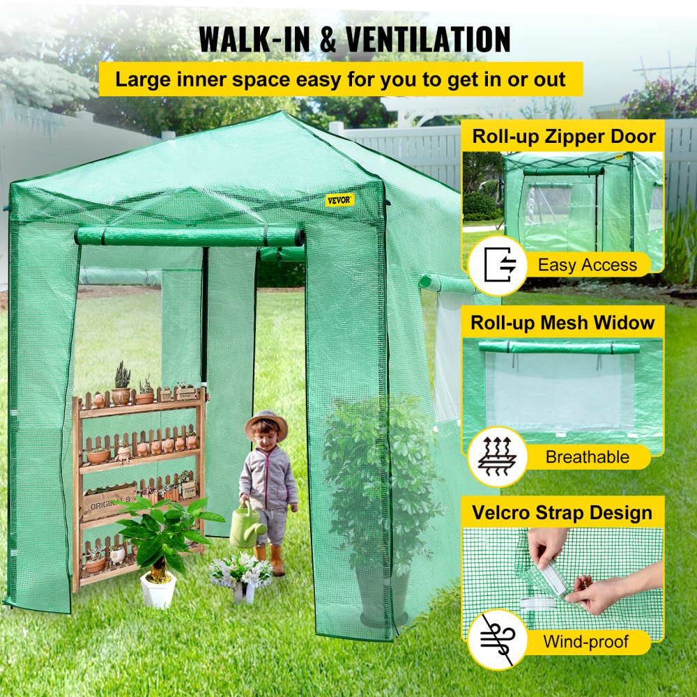 Vevor Walk-in Greenhouse Portable Pop-up Garden 8x6ft W/roll-up Doors & Windows