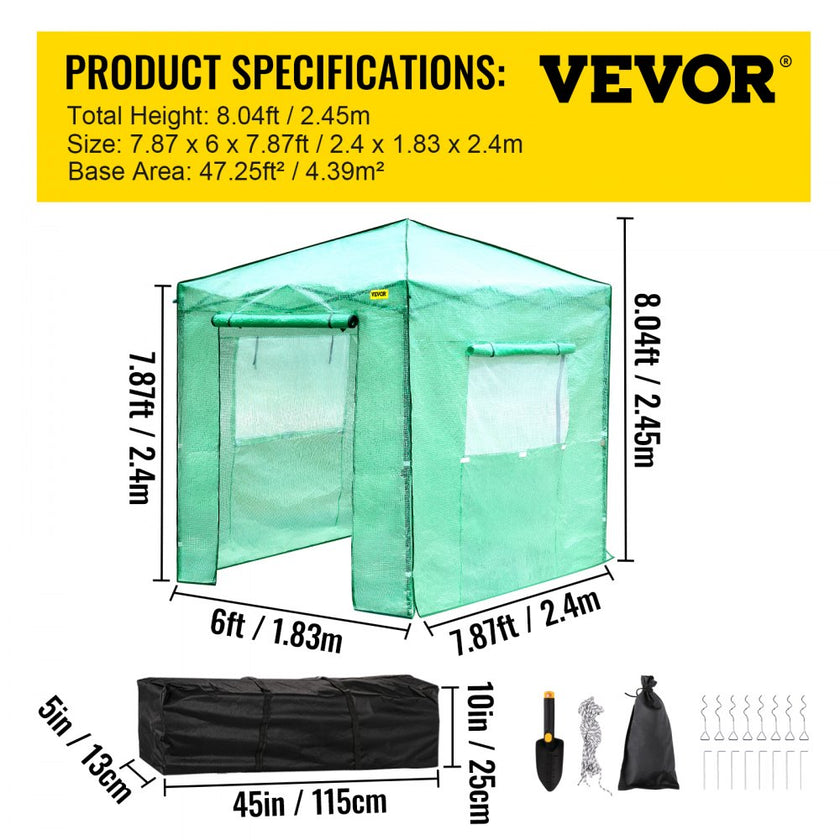 Vevor Walk-in Greenhouse Portable Pop-up Garden 8x6ft W/roll-up Doors & Windows
