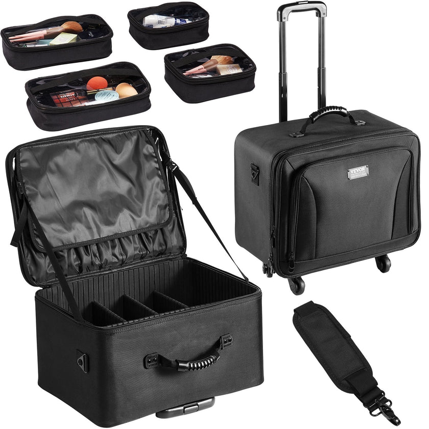 VEVOR Rolling Makeup Train Case Large Storage 3 Tiers, Convenient Carry With Handle, Wheels, Strap, Professional Makeup Storage Organizer Box Make Up Carrier Waterproof Oxford, Black