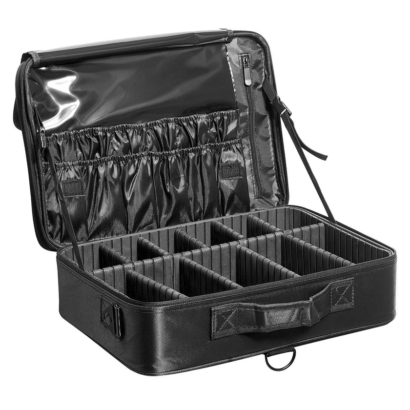 VEVOR Makeup Train Case Large Storage 3 Tiers, Convenient Carry With Handle, Strap, Professional Waterproof Oxford Makeup Storage Organizer Box, Heavy Duty Make Up Carrier, Black