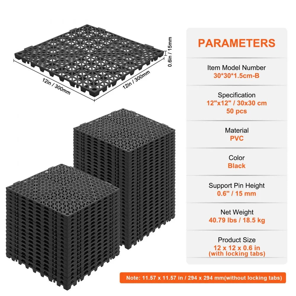 VEVOR Modular Interlocking Cushion, Black PVC Drainage Mats, 50 Pack Floor Tiles, Non-Slip Drainage Floor Tile, Bathroom Anti-Slip Mat, Kitchen Drainage Tile, Pool Floor Tile, Restroom Floor Mat, Wet Area Floor Tiles, Interlocking PVC Mats