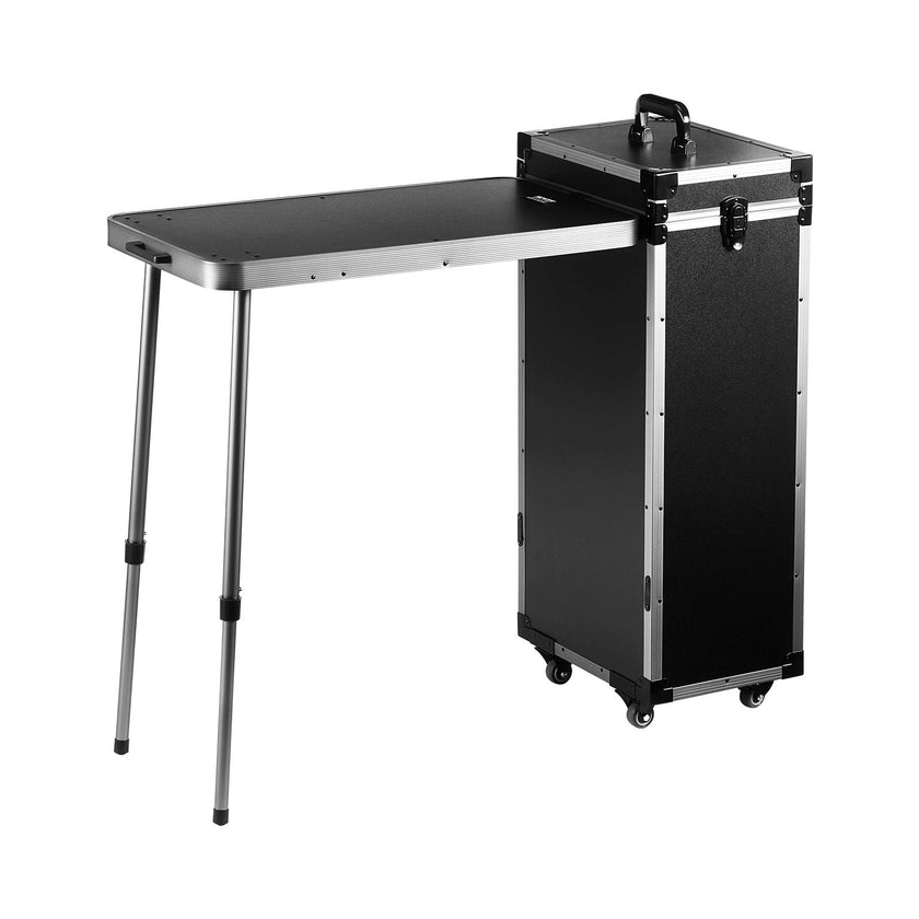 VEVOR Professional Makeup Train Case Aluminum Cosmetic Case, Workbench With Supporting Legs, Rolling Makeup Case Extra Large Trolley Makeup Travel Organizer, with 360° Swivel Wheels, Black