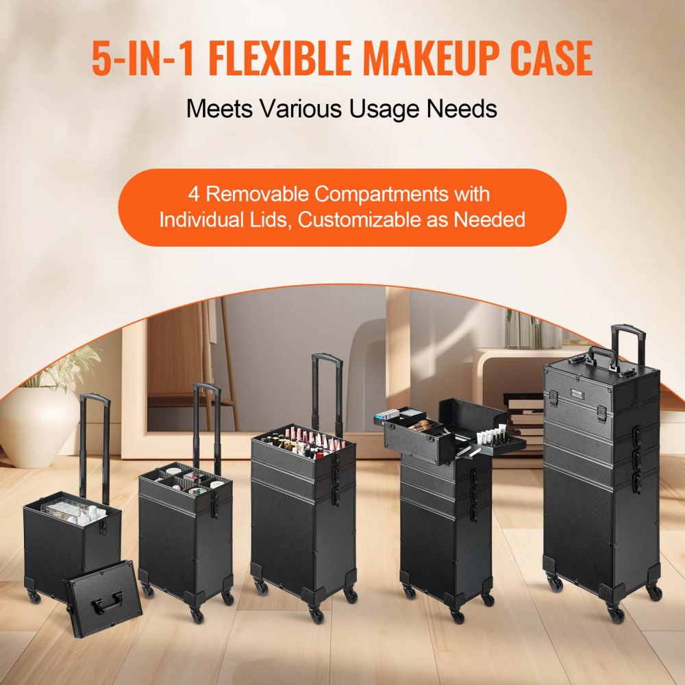 VEVOR 5 in 1 Professional Makeup Train Case Aluminum Cosmetic Case, Rolling Makeup Case Extra Large Trolley Makeup Travel Organizer, with 360° Swivel Wheels & Adjustable Pull Rod, Black