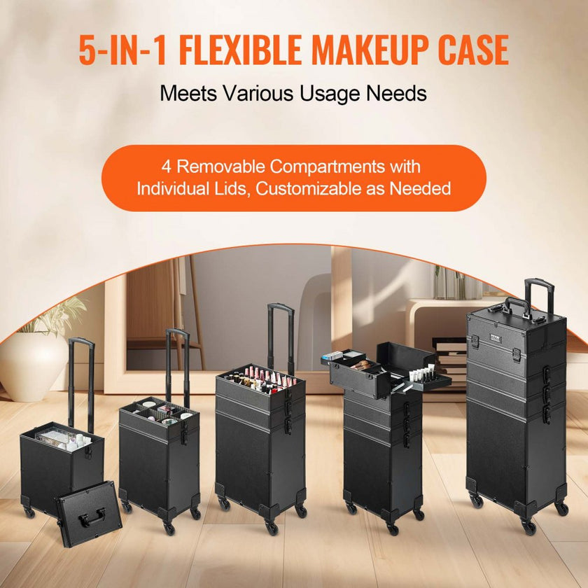 VEVOR 5 in 1 Professional Makeup Train Case Aluminum Cosmetic Case, Rolling Makeup Case Extra Large Trolley Makeup Travel Organizer, with 360° Swivel Wheels & Adjustable Pull Rod, Black