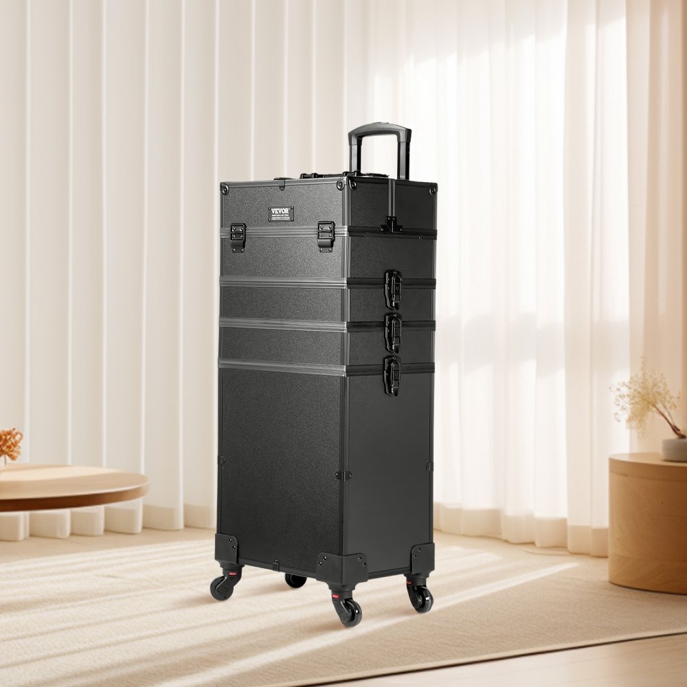 VEVOR 5 in 1 Professional Makeup Train Case Aluminum Cosmetic Case, Rolling Makeup Case Extra Large Trolley Makeup Travel Organizer, with 360° Swivel Wheels & Adjustable Pull Rod, Black
