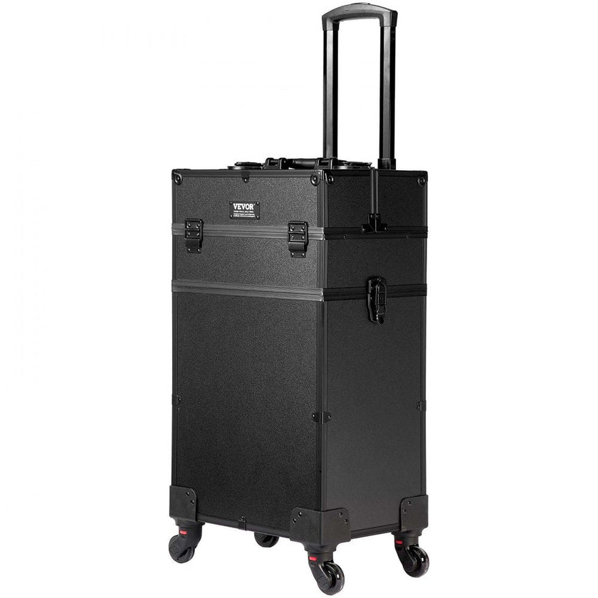 VEVOR 5 in 1 Professional Makeup Train Case Aluminum Cosmetic Case, Rolling Makeup Case Extra Large Trolley Makeup Travel Organizer, with 360° Swivel Wheels & Adjustable Pull Rod, Black