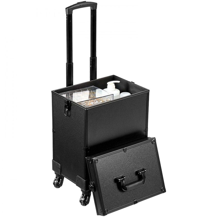 VEVOR 5 in 1 Professional Makeup Train Case Aluminum Cosmetic Case, Rolling Makeup Case Extra Large Trolley Makeup Travel Organizer, with 360° Swivel Wheels & Adjustable Pull Rod, Black