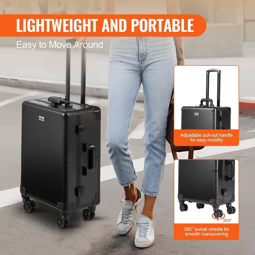 VEVOR Makeup Train Case with Lock, Lighted Mirror, 4 Storage Trays, Brush Holder, Travel Cosmetic Organizer Box w/ Swivel Wheels, Professional Artist Trolley Studio Free Standing Case