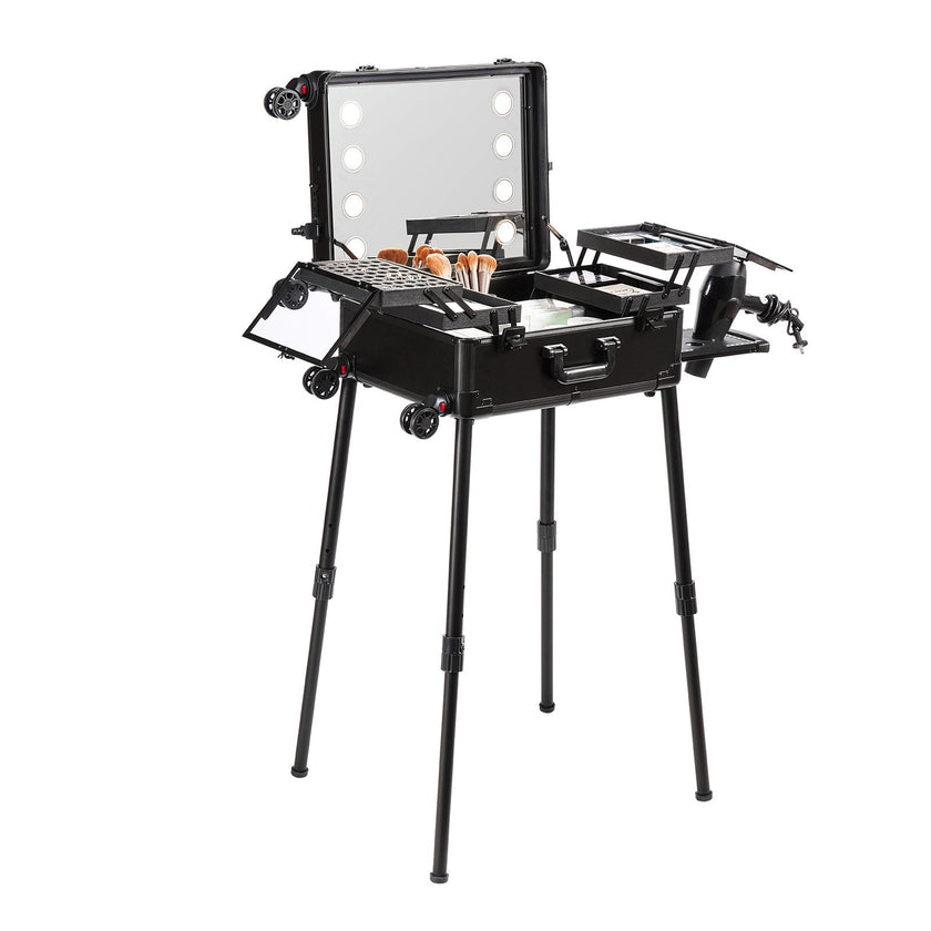 VEVOR Makeup Train Case with Lock, Lighted Mirror, 4 Storage Trays, Brush Holder, Travel Cosmetic Organizer Box w/ Swivel Wheels, Professional Artist Trolley Studio Free Standing Case