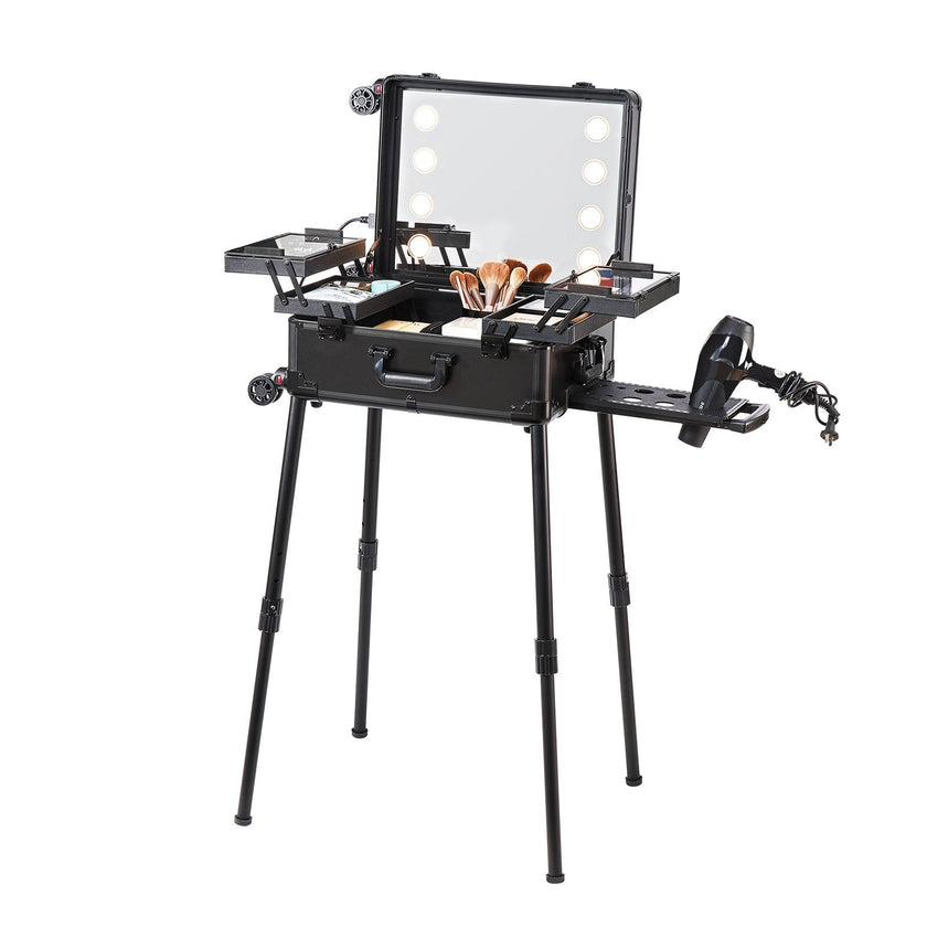 VEVOR Makeup Train Case with Lock, Lighted Mirror, 4 Storage Trays, Brush Holder, Travel Cosmetic Organizer Box w/ Swivel Wheels, Professional Artist Trolley Studio Free Standing Case