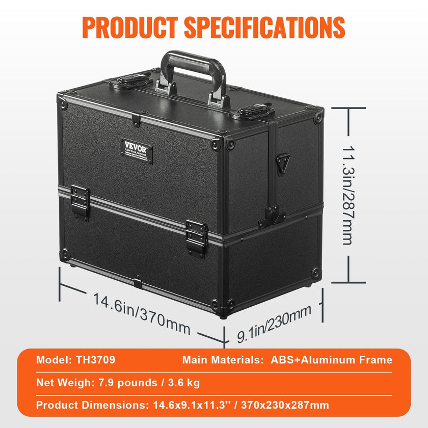 VEVOR Makeup Train Case 14.6 inch Large Portable Cosmetic Case, 6 Tier Trays Professional Makeup Storage Organizer Box Make Up Carrier with Handle And Strap Travel Case for Women and Girls - Black