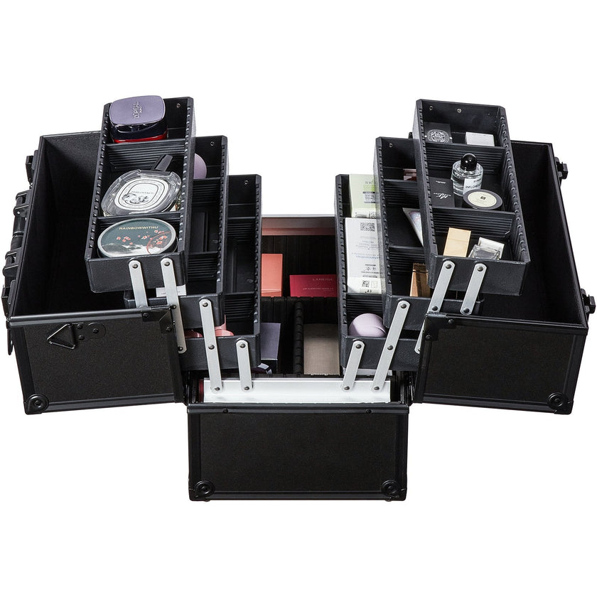 VEVOR Makeup Train Case 14.6 inch Large Portable Cosmetic Case, 6 Tier Trays Professional Makeup Storage Organizer Box Make Up Carrier with Handle And Strap Travel Case for Women and Girls - Black