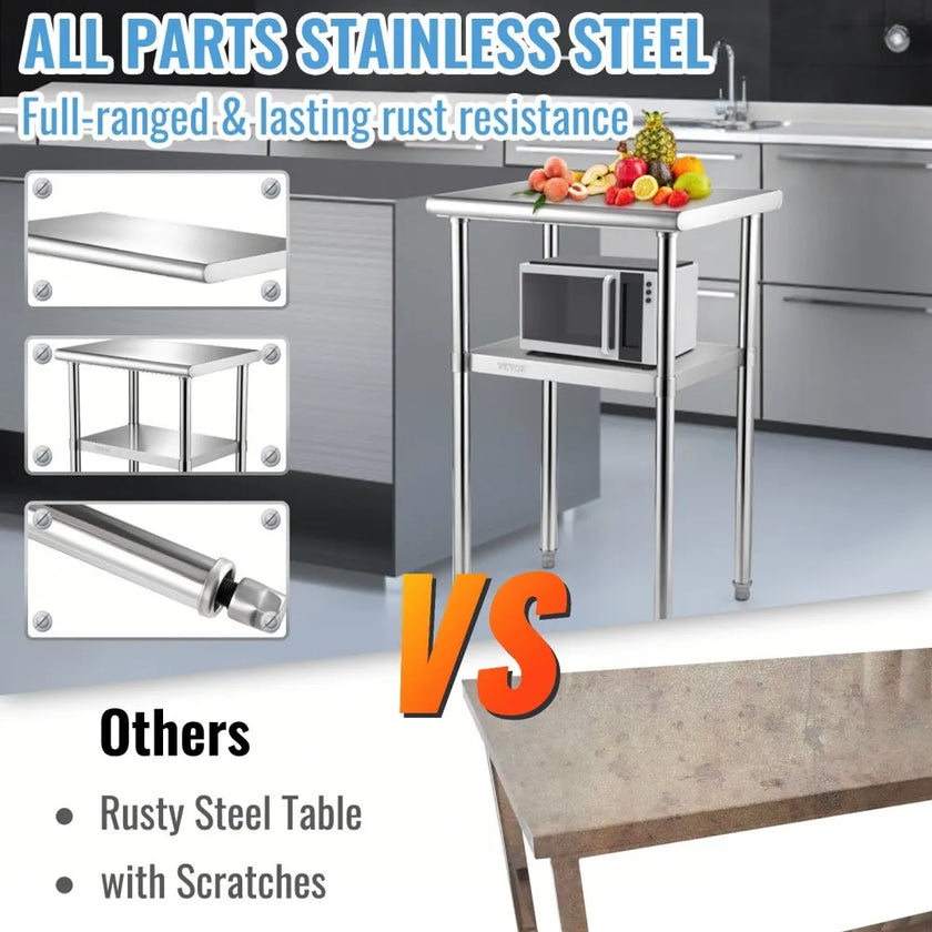VEVOR Stainless Steel Prep Table, 24 x 18 x 36 Inch, 600lbs Load Capacity Heavy Duty Metal Worktable with Adjustable Undershelf & Feet, Commercial Workstation for Kitchen Restaurant Garage Backyard